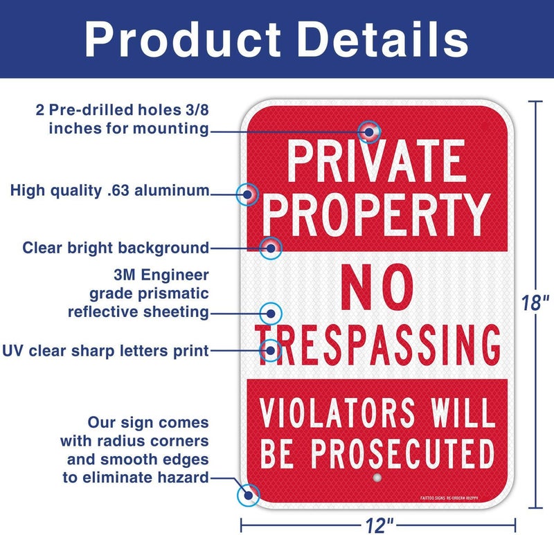 Faittoo (2 Pack) Private Property No Trespassing Sign, Violators Will Be Prosecuted, 18 x 12 Engineer Grade Reflective Sheeting Rust Free Aluminum, Weather Resistant, Waterproof, Easy to Mount - Image 2